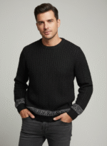 Black Crewneck Sweater with Fair Isle Accent