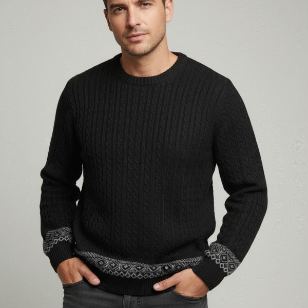 Black Crewneck Sweater with Fair Isle Accent