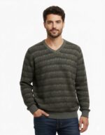 Earth Tone V-Neck Sweater with Checkered Pattern Copy Copy