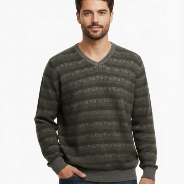 Earth Tone V-Neck Sweater with Checkered Pattern Copy Copy