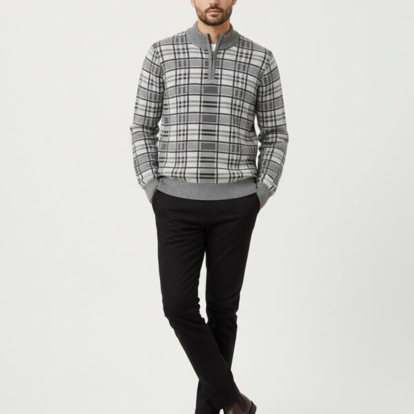 Grey Plaid Half-Zip Fleece Sweater