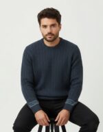 Stylish Navy Cable Sweater with Patterned Cuff & Hem