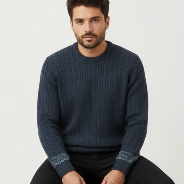 Stylish Navy Cable Sweater with Patterned Cuff & Hem