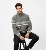 Textured Grey Quarter-Zip Pullover with Striped Accent