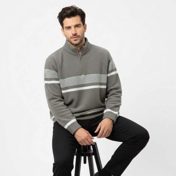 Textured Grey Quarter-Zip Pullover with Striped Accent