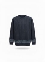 Stylish Navy Cable Sweater with Patterned Cuff & Hem - Image 2