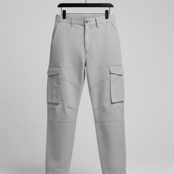Elevated Utility: Light Gray High-Waist Cargo Trousers